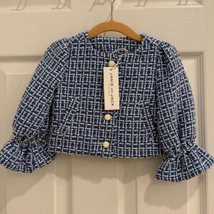 NWT! Janie and Jack Blue and White Tweed Girl's Jacket with Pearl Buttons
